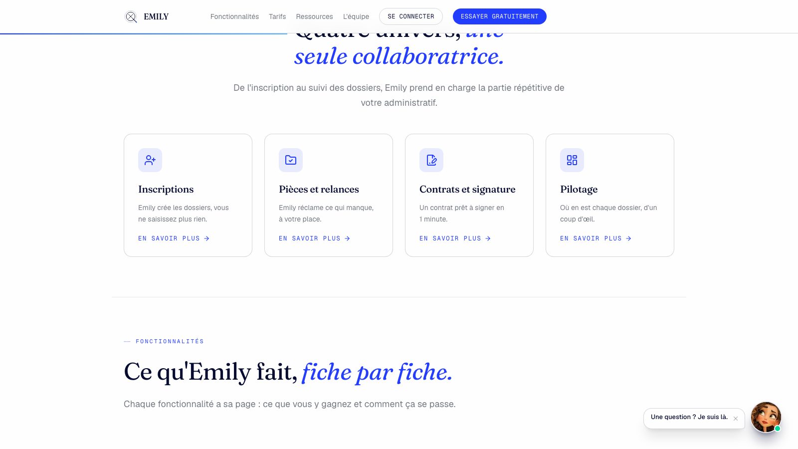 Emily : inscriptions, pièces, contrats, pilotage